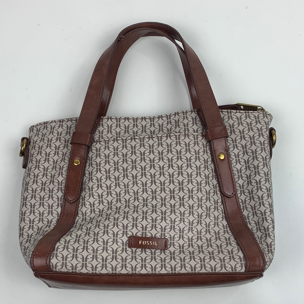 Fossil Tan and Brown Tote Bag Gold Zip hardware Lined Pockets NEW no strap